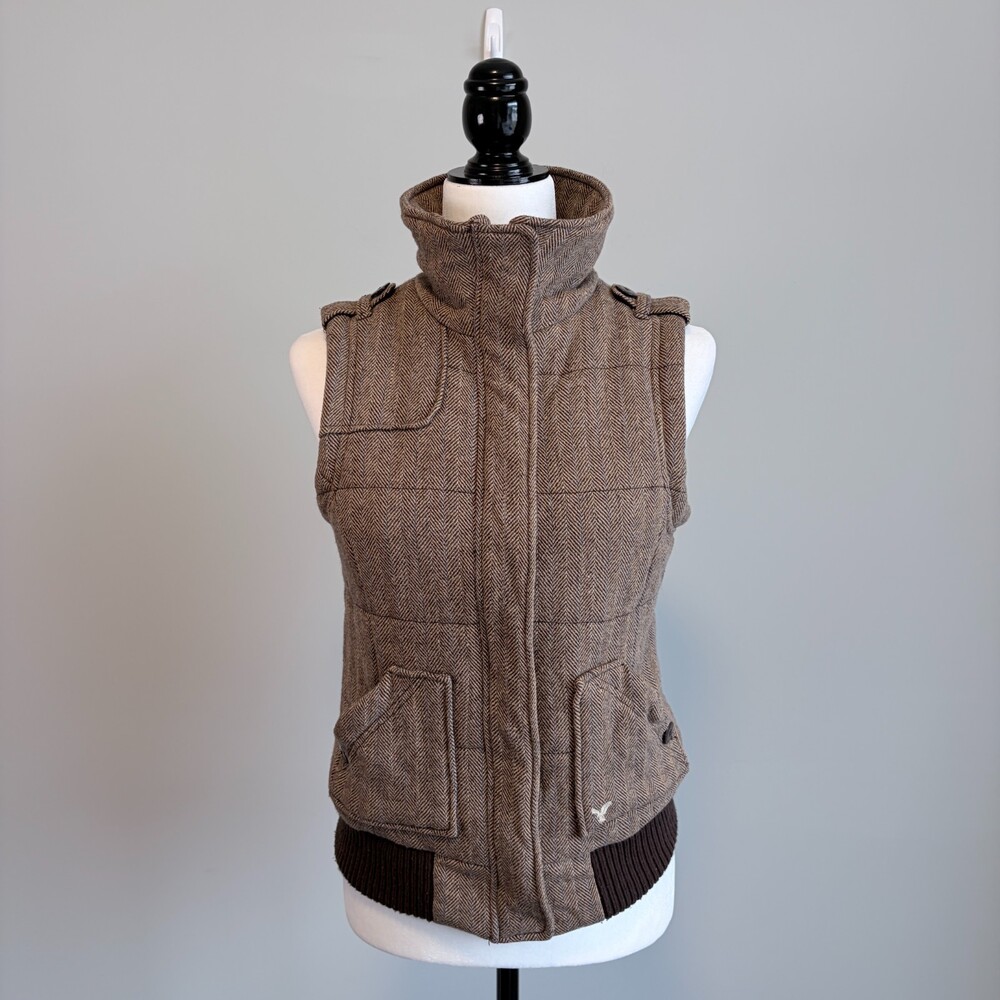 American Eagle Puffer Vest Brown Herringbone Wool Blend Gorpcore Women's M